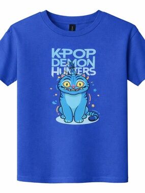 Kpop Demon Hunters Kids Shirt Blue Cute Cat Graphic Youth Tee Anime